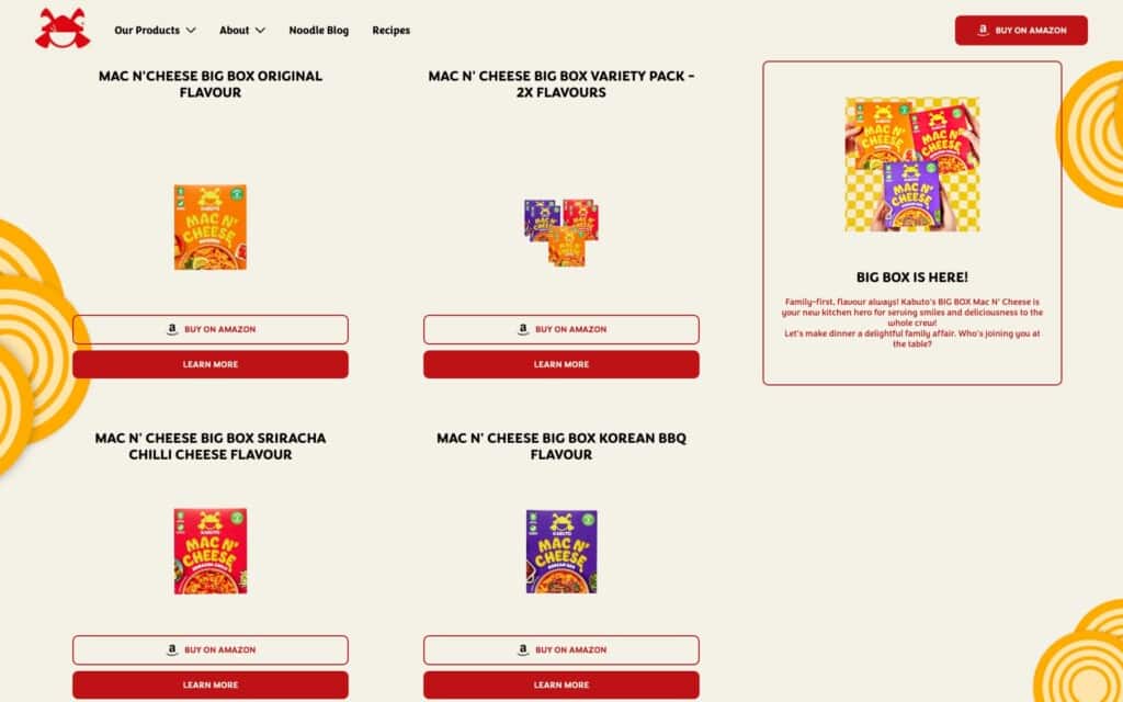 Screenshot of the Kabuto Noodles Shopify site showing new product range