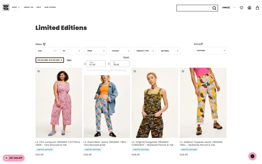 Screenshot of the Lucy and Yak Shopify site showing product collections