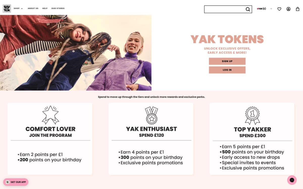 Screenshot of the Lucy and Yak Shopify site showing loyalty scheme