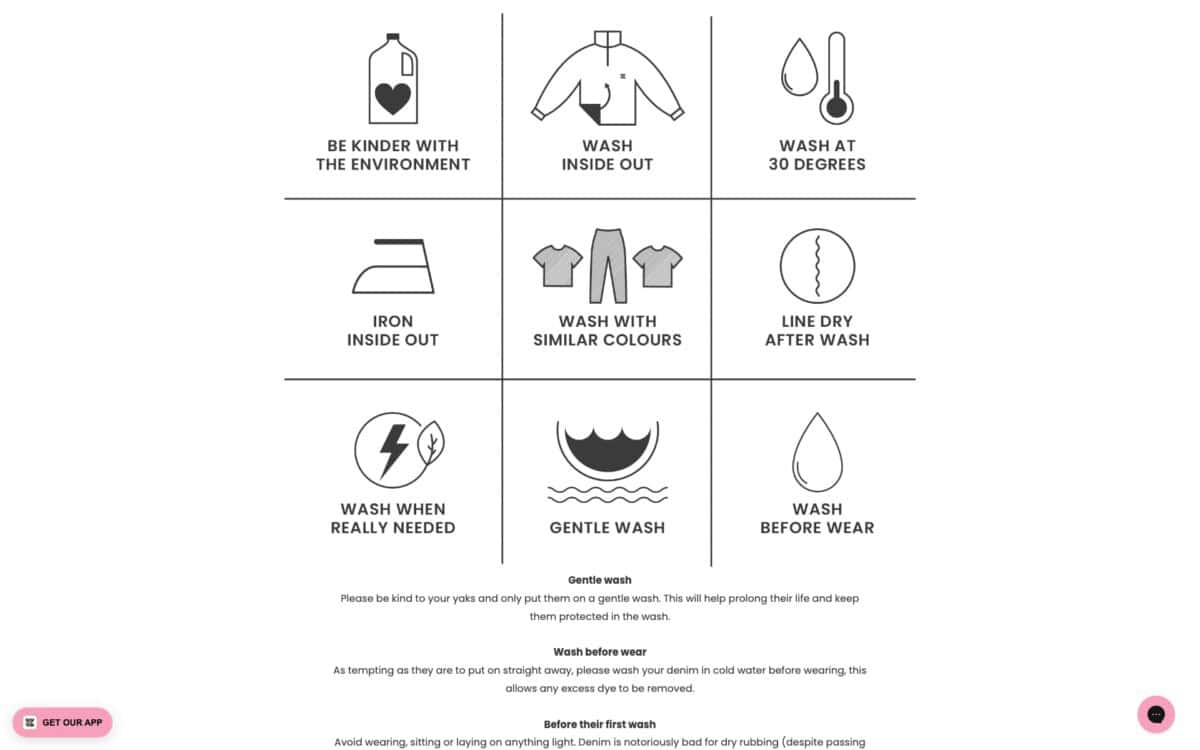 Screenshot of the Lucy and Yak Shopify site showing product care guide