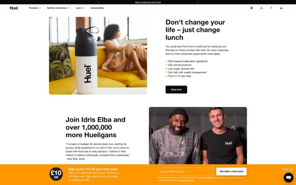 Screenshot of the Huel Shopify site showing target audience alignment