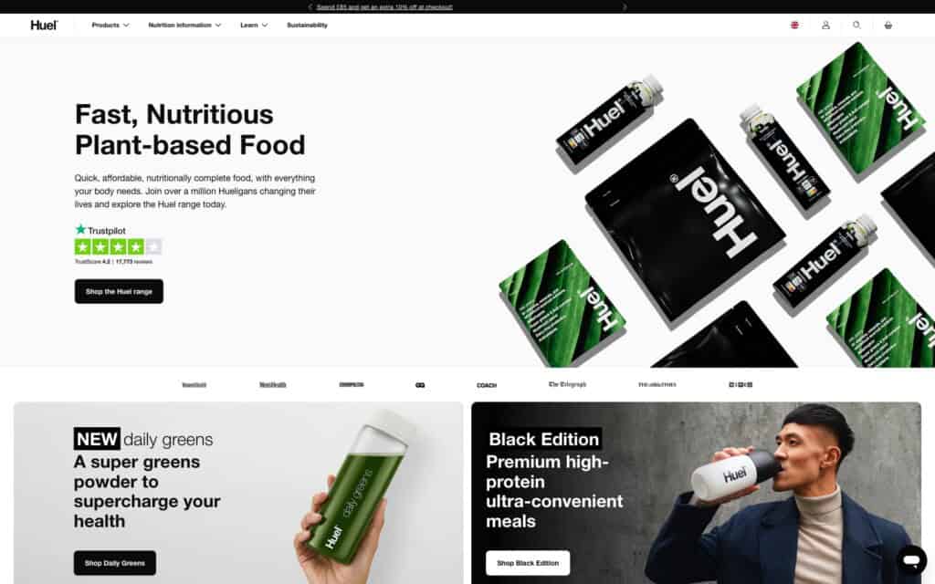 Screenshot of the Huel Shopify site showing homepage and new product range