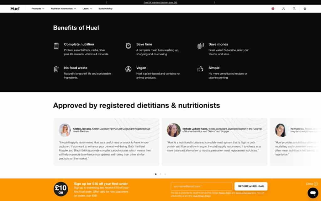 Screenshot of the Huel Shopify site showing benefits verified with evidence from experts