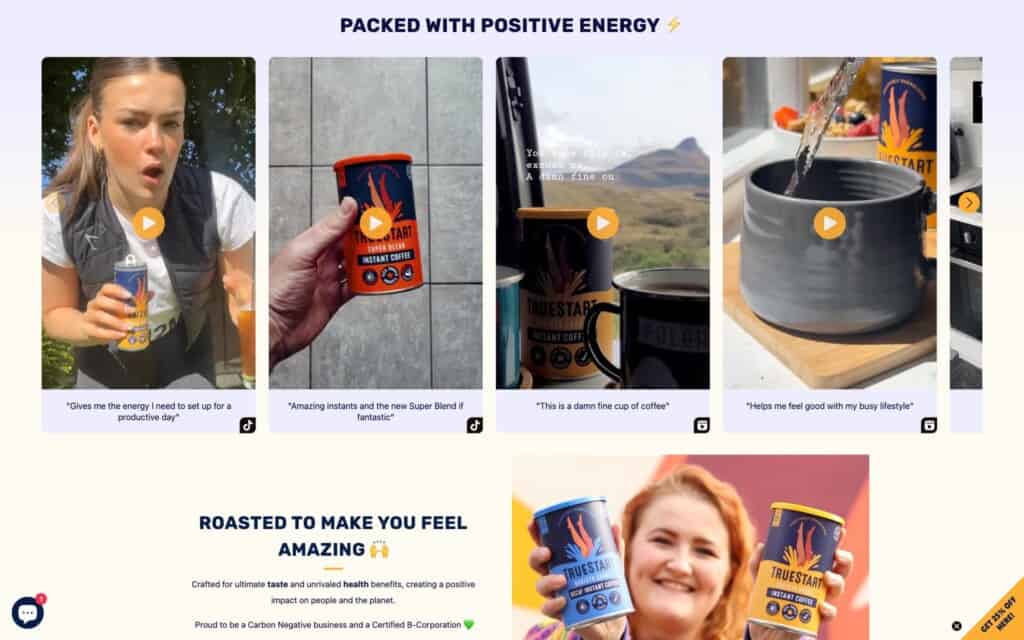 Screenshot of the TrueStart Coffee Shopify site showing products in real world customer and influencer settings with UGC