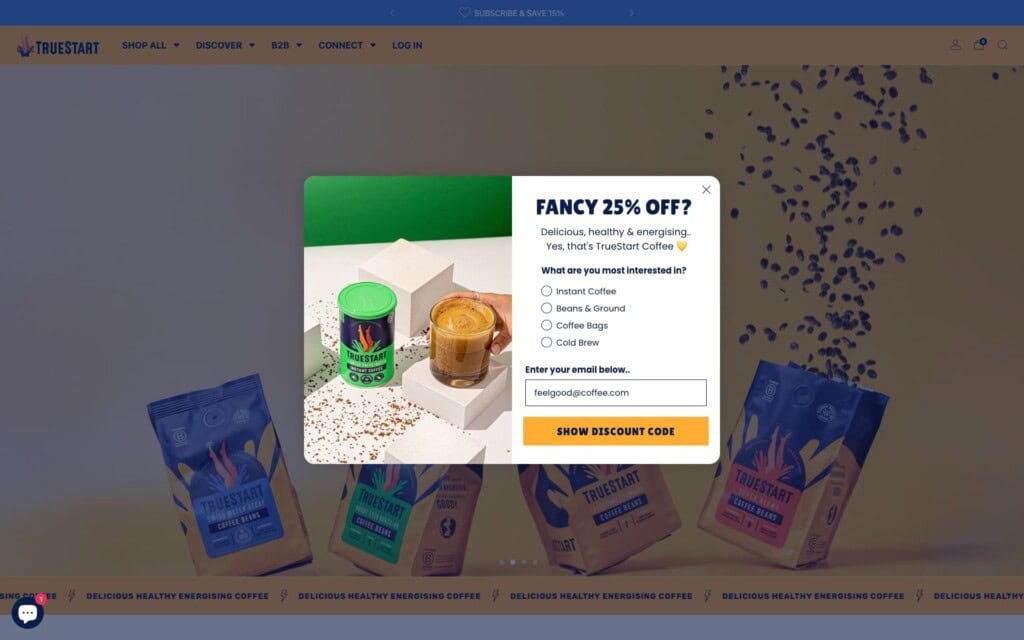 Screenshot of the TrueStart Coffee Shopify site showing homepage offer