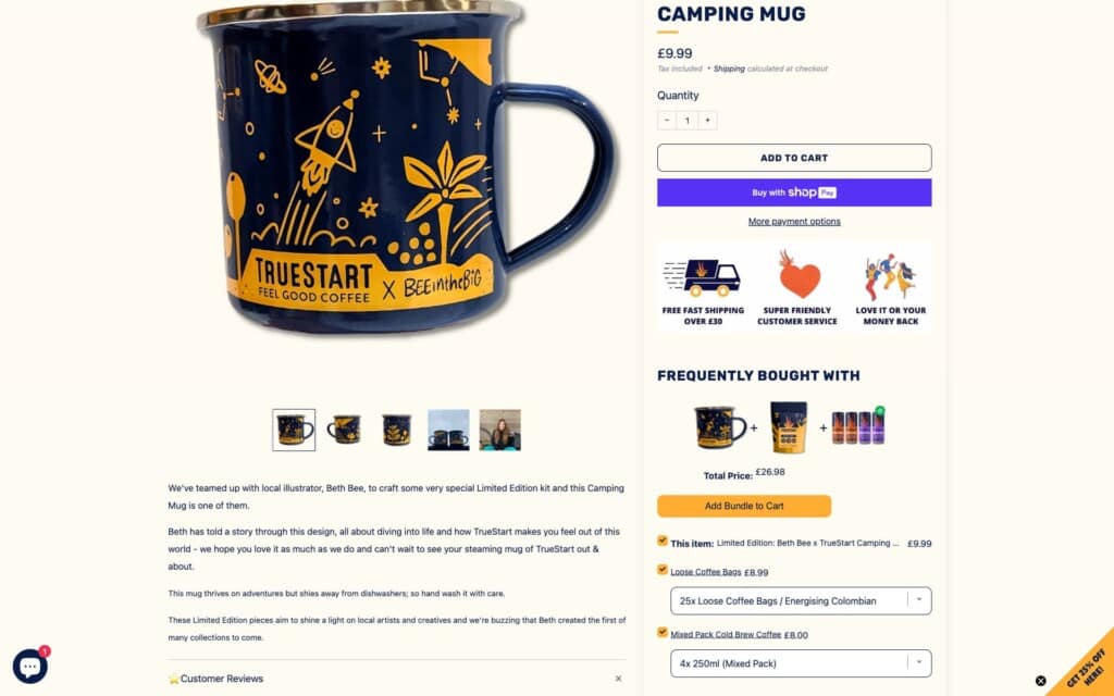 Screenshot of the TrueStart Coffee Shopify site showing brand merch in addition to general product range