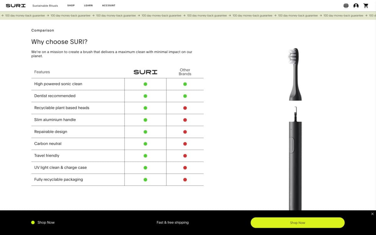 Screenshot of the Suri Shopify site showing product benefits