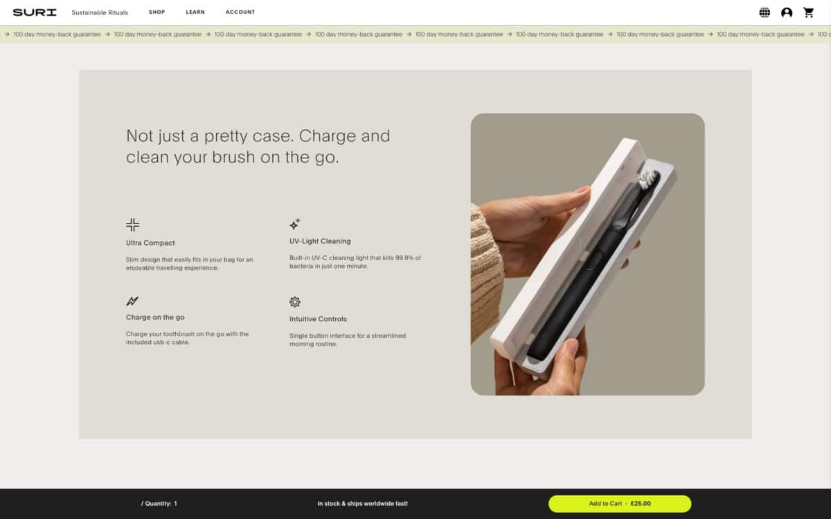 Screenshot of the Suri Shopify site showing product benefits and add-ons