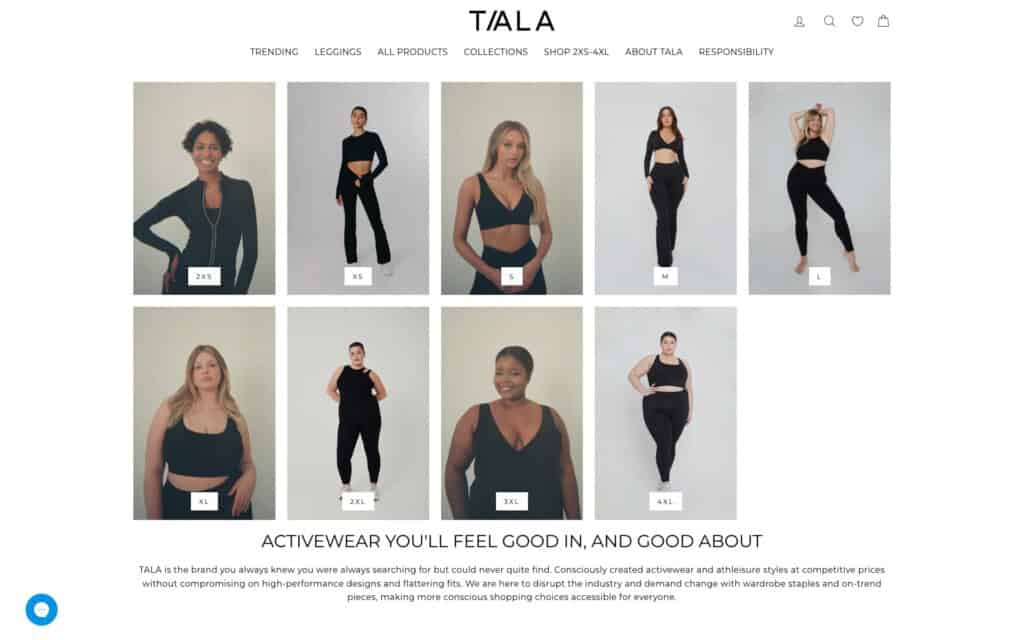 Screenshot of the Tala Shopify site showing search filter and personalisation options