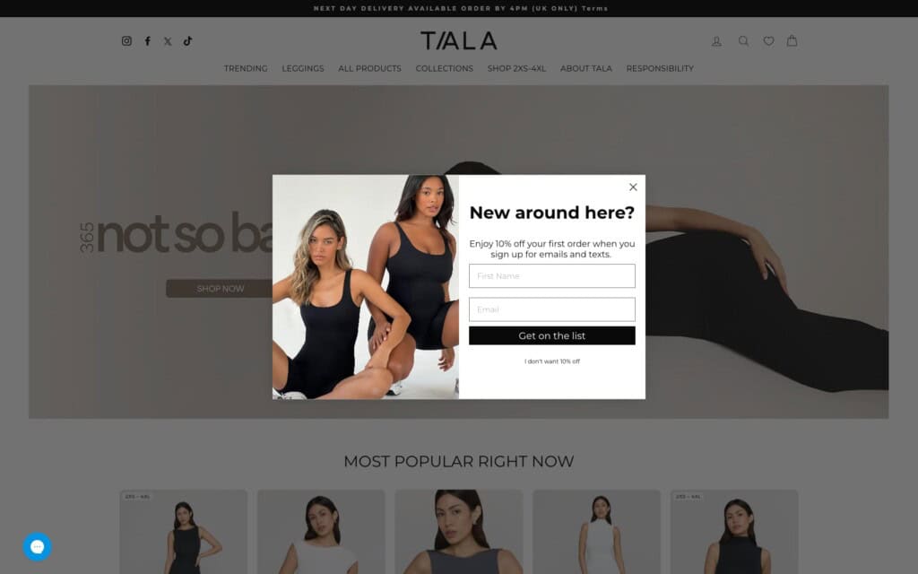 Screenshot of the Tala Shopify site showing homepage sign up promo