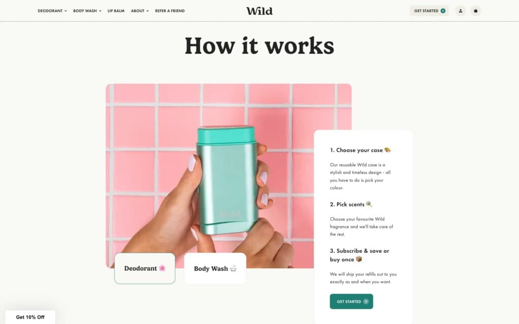 Screenshot of the Wild Shopify site showing homepage with product video