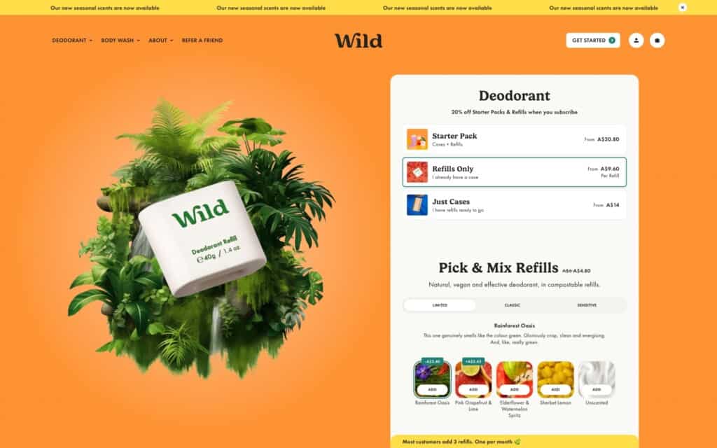 Screenshot of the Wild Shopify site showing product
