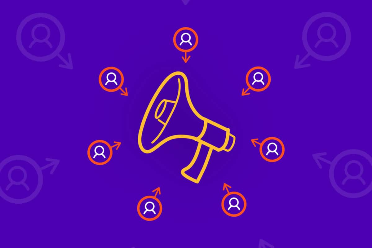 Illustration of loudspeaker surrounded by audience member icons