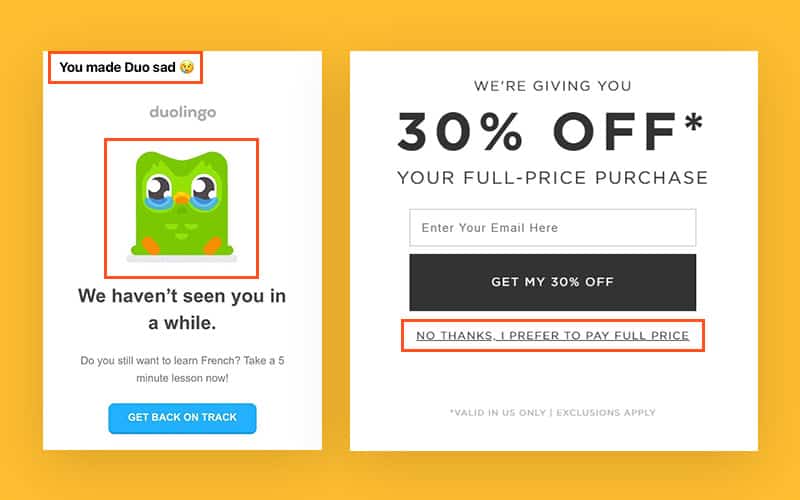 Examples of Confirmshaming as a deceptive pattern in emails and website notifications