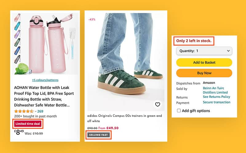 Examples of scarcity as a deceptive pattern in emails and website notifications