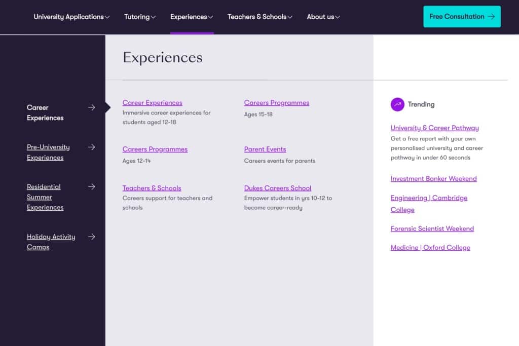 Screenshot of Dukes Plus WordPress and WooCommerce site showing web navigation with career experiences
