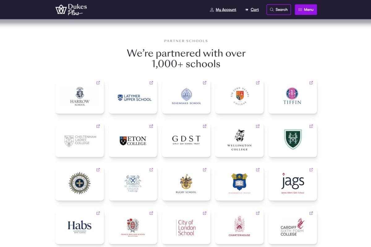 Screenshot of Dukes Plus WordPress and WooCommerce site showing partner schools