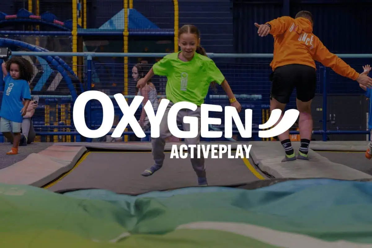 Image of children freejumping in the background with Oxygen Activeplay logo in the foreground