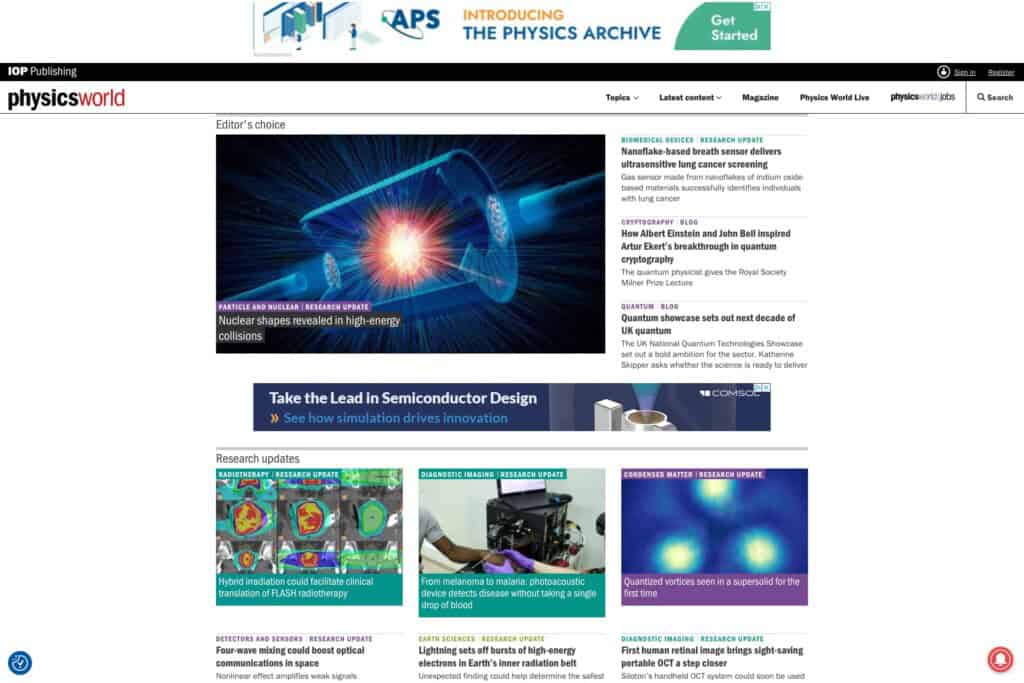 Physics World WordPress homepage