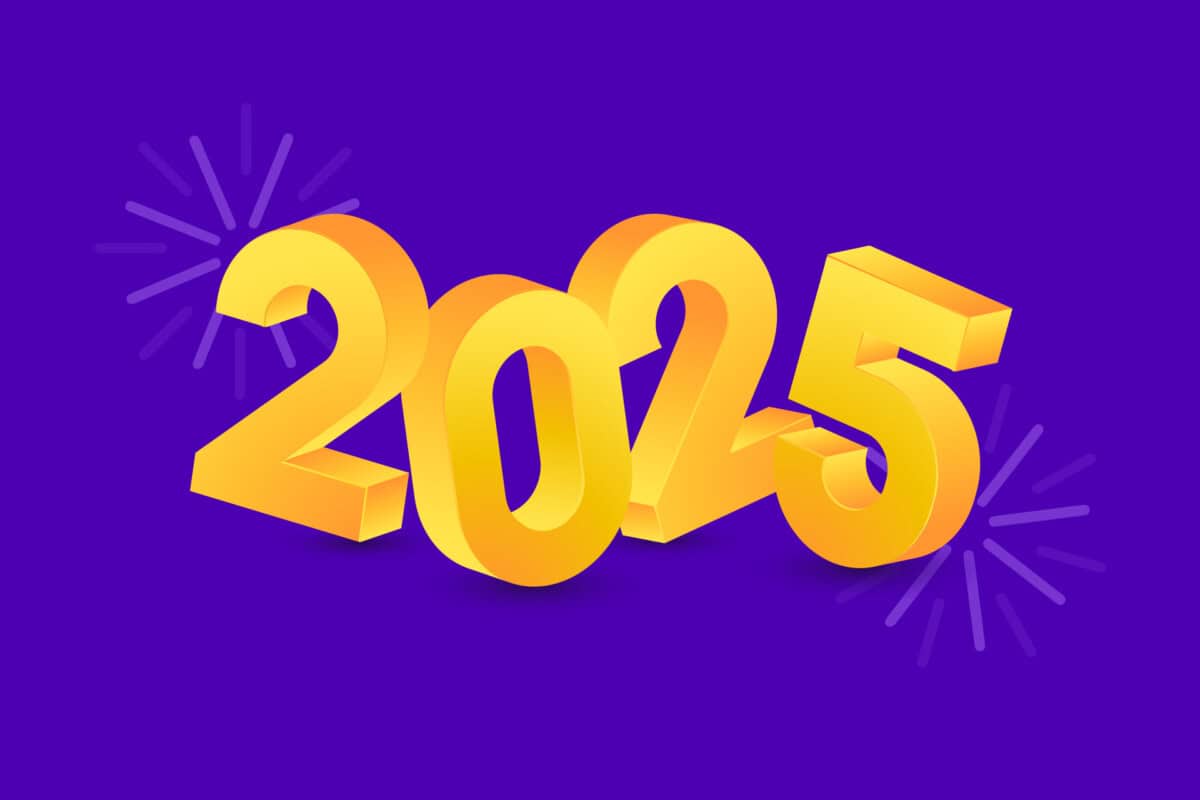 Text saying 2025 in gold font over a purple background to accompany a blog post about websites reimagined: Trends that will shape 2025
