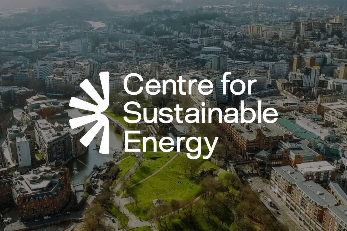 Aerial image of Bristol in the background with Centre for Sustainable Energy logo in the foreground